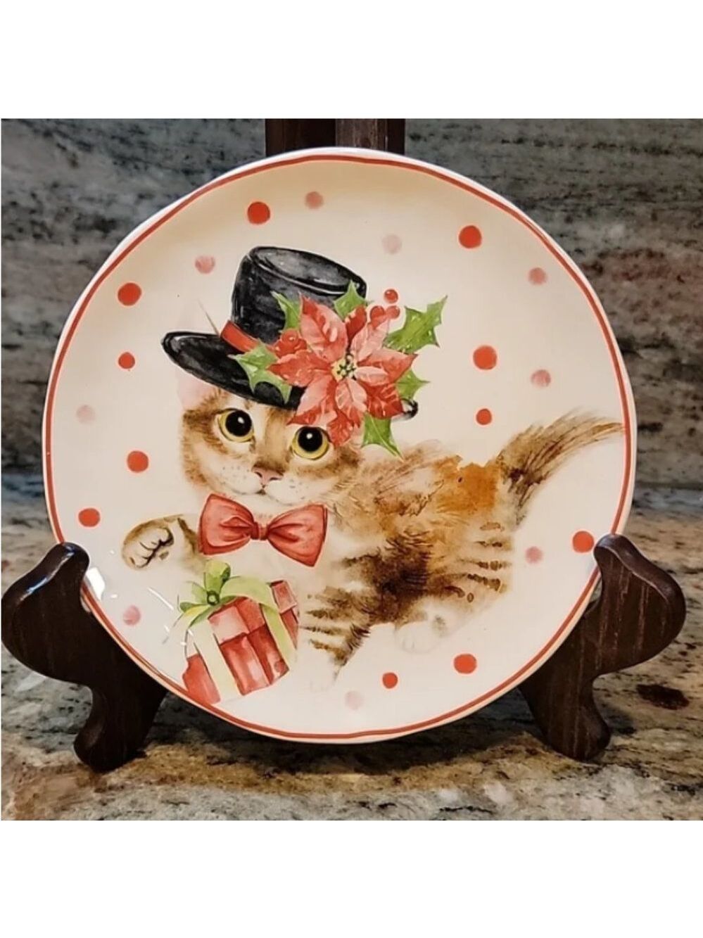 Sleigh Bell Bistro Plate orange Tabby Cat with Christmas hat & poinsettia & gift